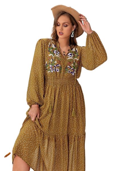 rusttydustty plus polka dot print floral embroidery lantern sleeve shirred waist dress y8sn#, Black
